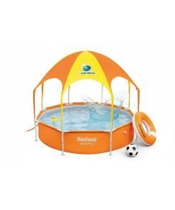 Bestway 56432 | Size 8.0 x 8.0 x 1.30 Ft | Round Metal Frame Portable Ready-Made Swimming Pool with Canopy