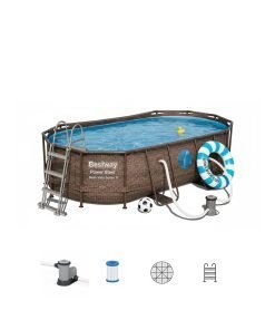 Bestway 56714 | Size 14.0 x 8.0 x 3.29 Ft | Power Steel Vista Series Oval Metal Frame Portable Ready-Made Swimming Pool