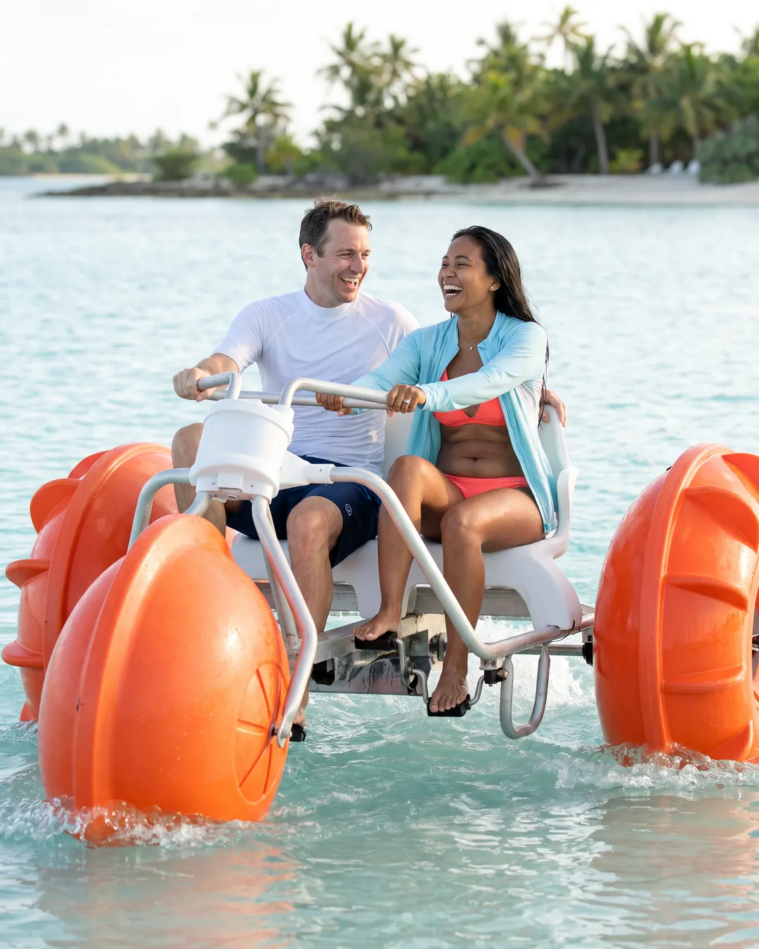 Aqua tricycle water bike on a calm lake at a resort