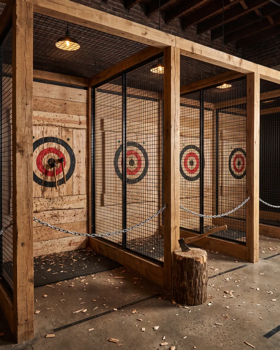 Axe throwing lanes set up inside an indoor entertainment venue