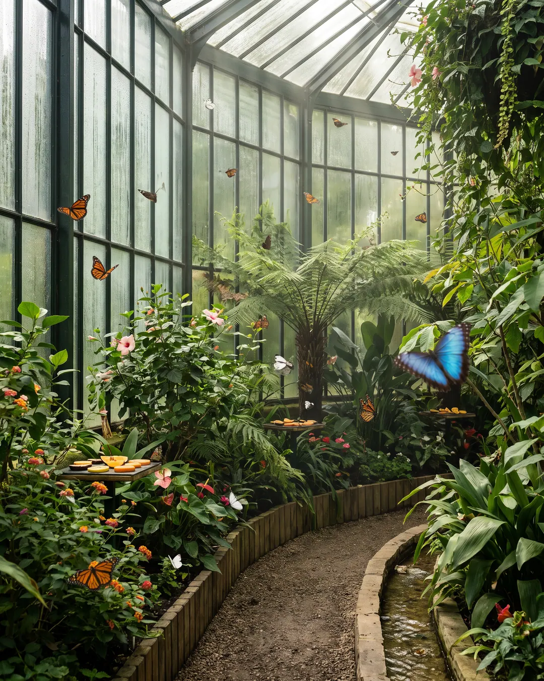 Butterfly conservatory interior with tropical plants