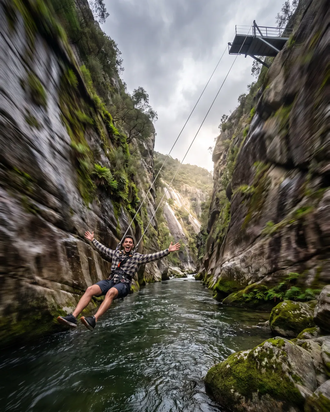 Canyon swing ride in full arc over a valley at an adventure park