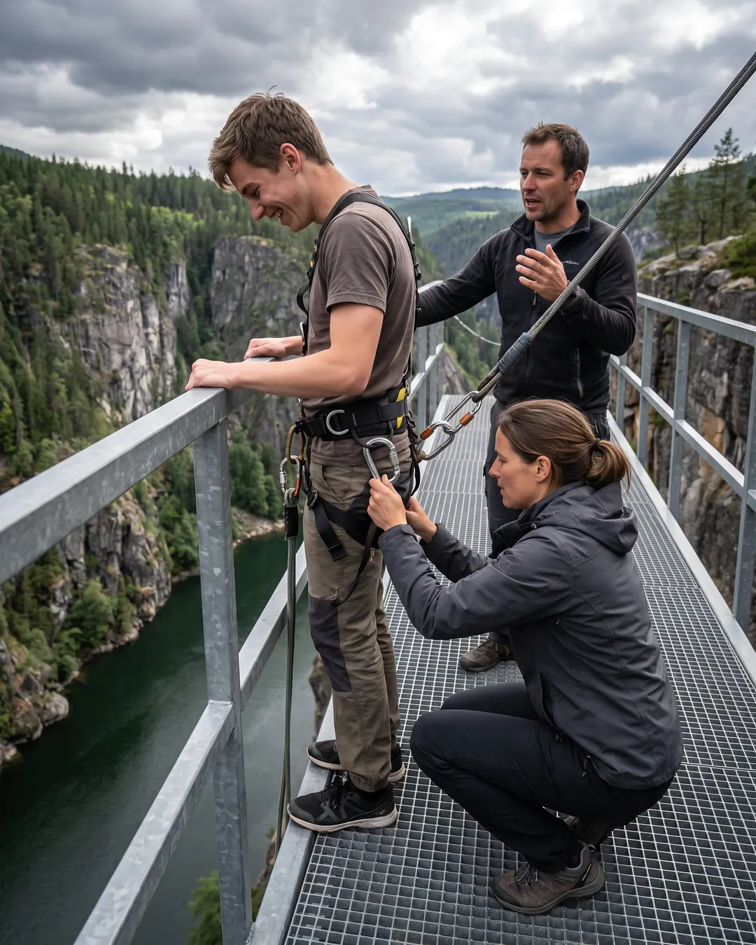 Operator checking a rider harness before a swing ride