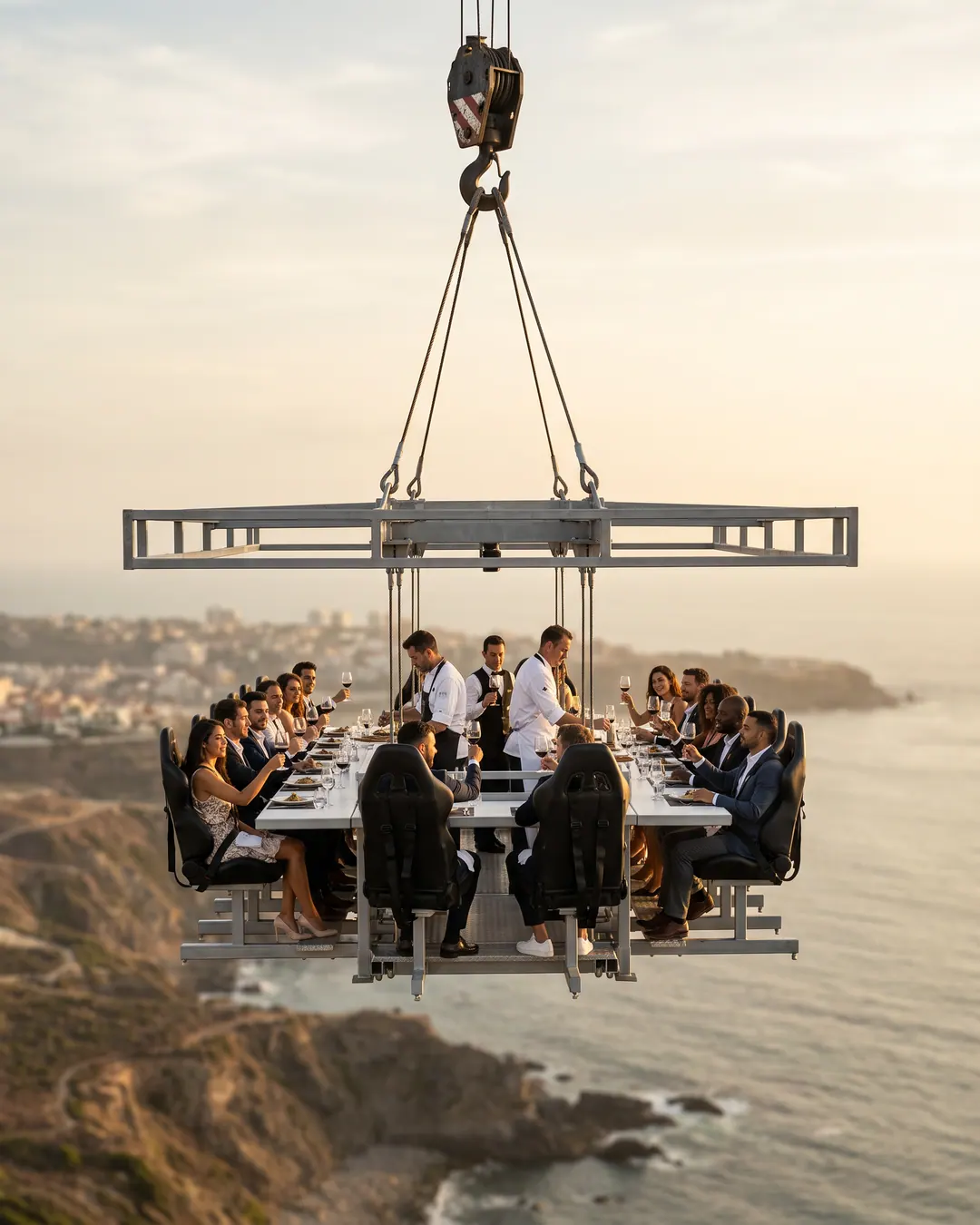 Fly dining platform with guests seated at a table lifted high in the air