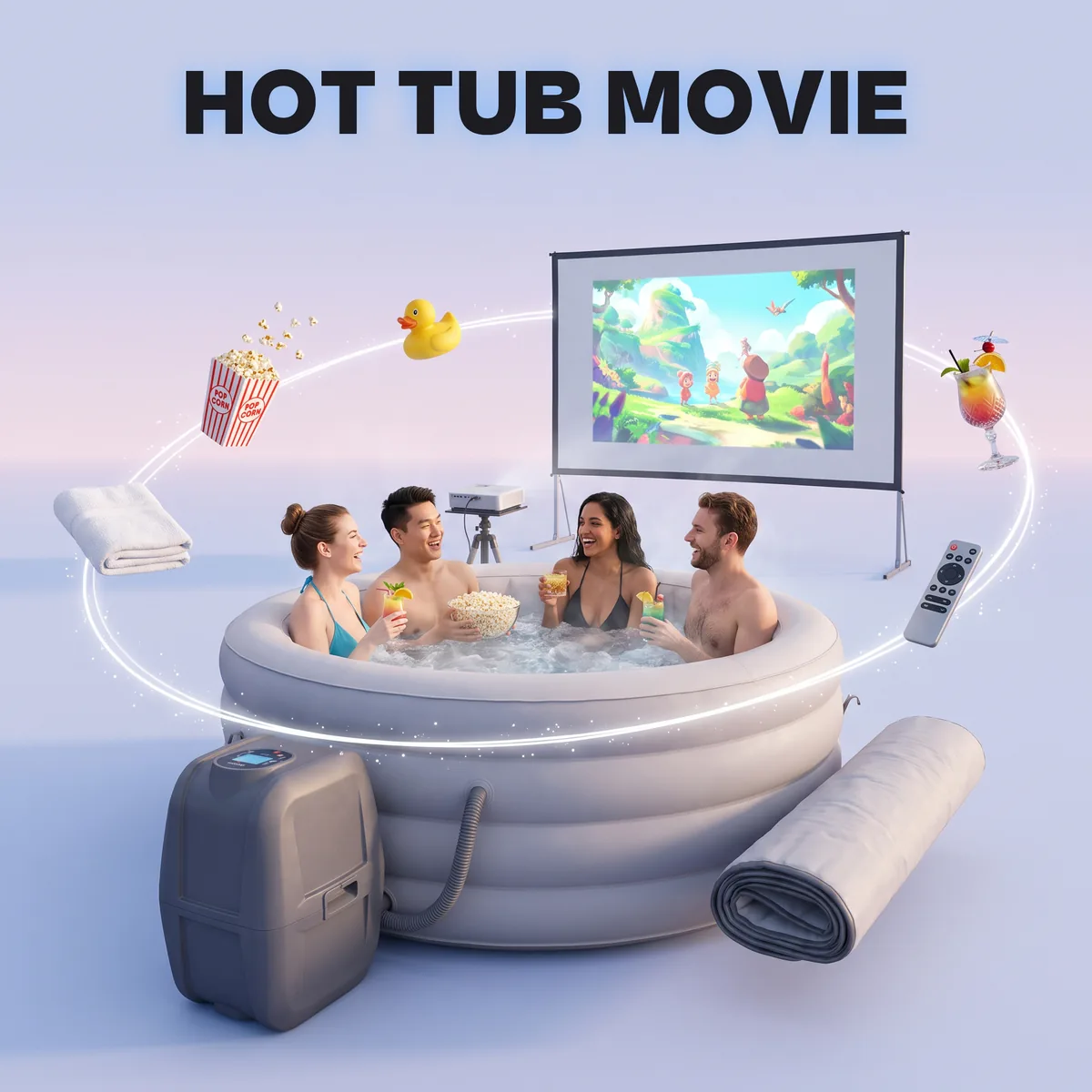Rooftop Hot Tub Cinema Setup with Outdoor Screen