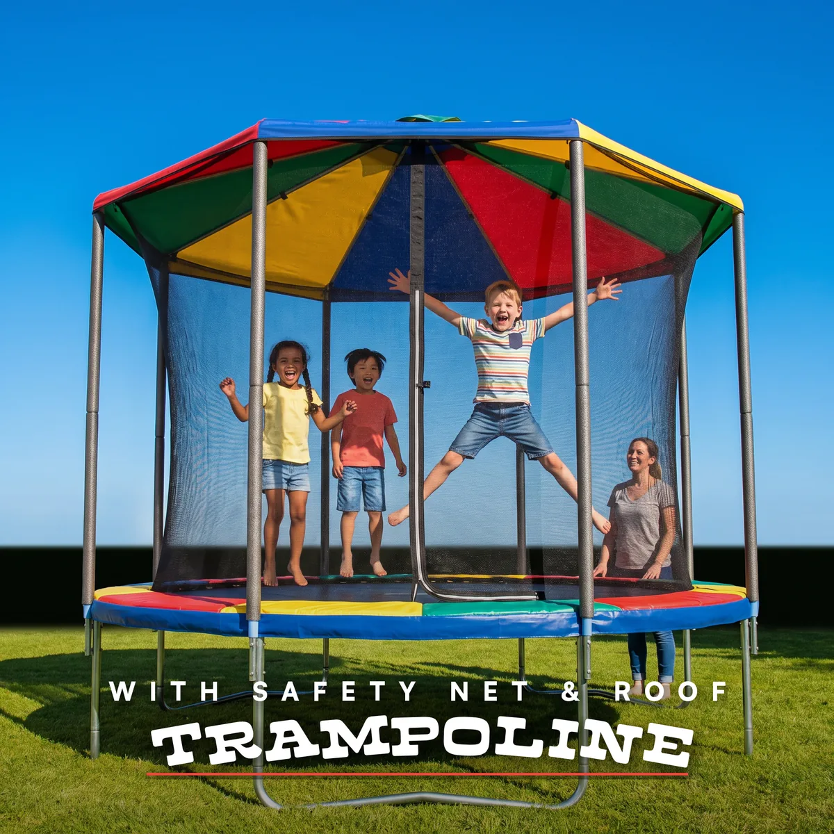 Round Multicolour Trampoline with Safety Net and Roof