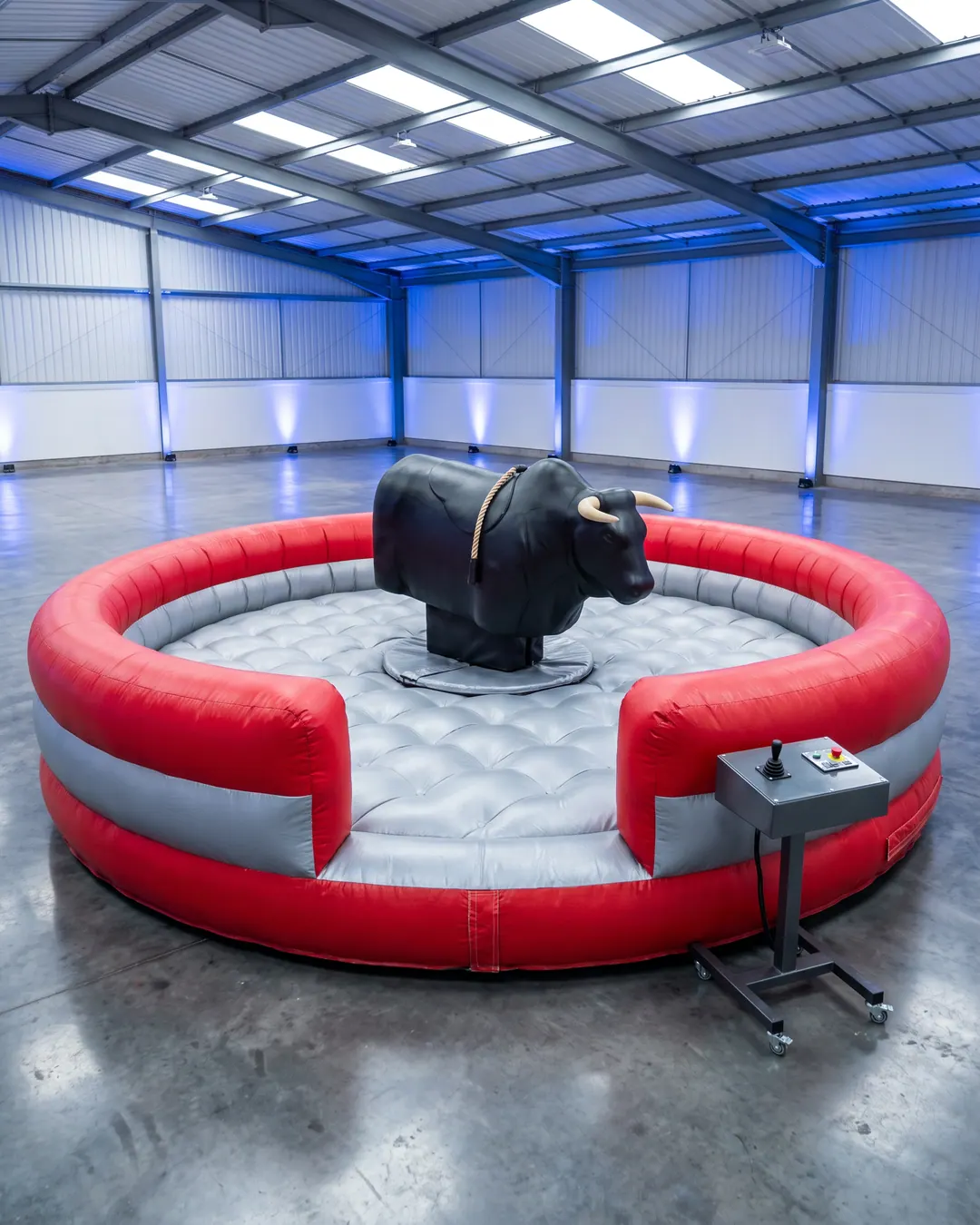 Mechanical rodeo bull ride in an arena with soft landing mats